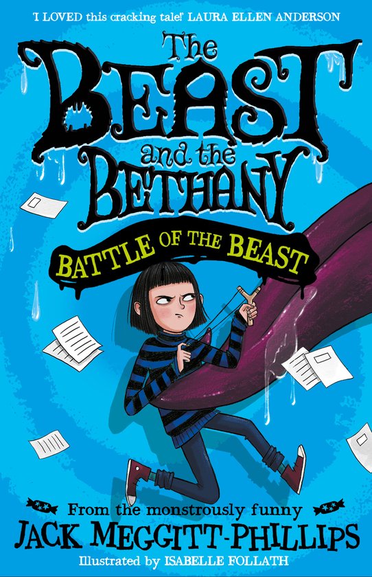 Boekomslag met een meisje met een katapult die op een paarse, harige hand schiet. Tekst: The Beast and the Bethany. Battle of the Beast.