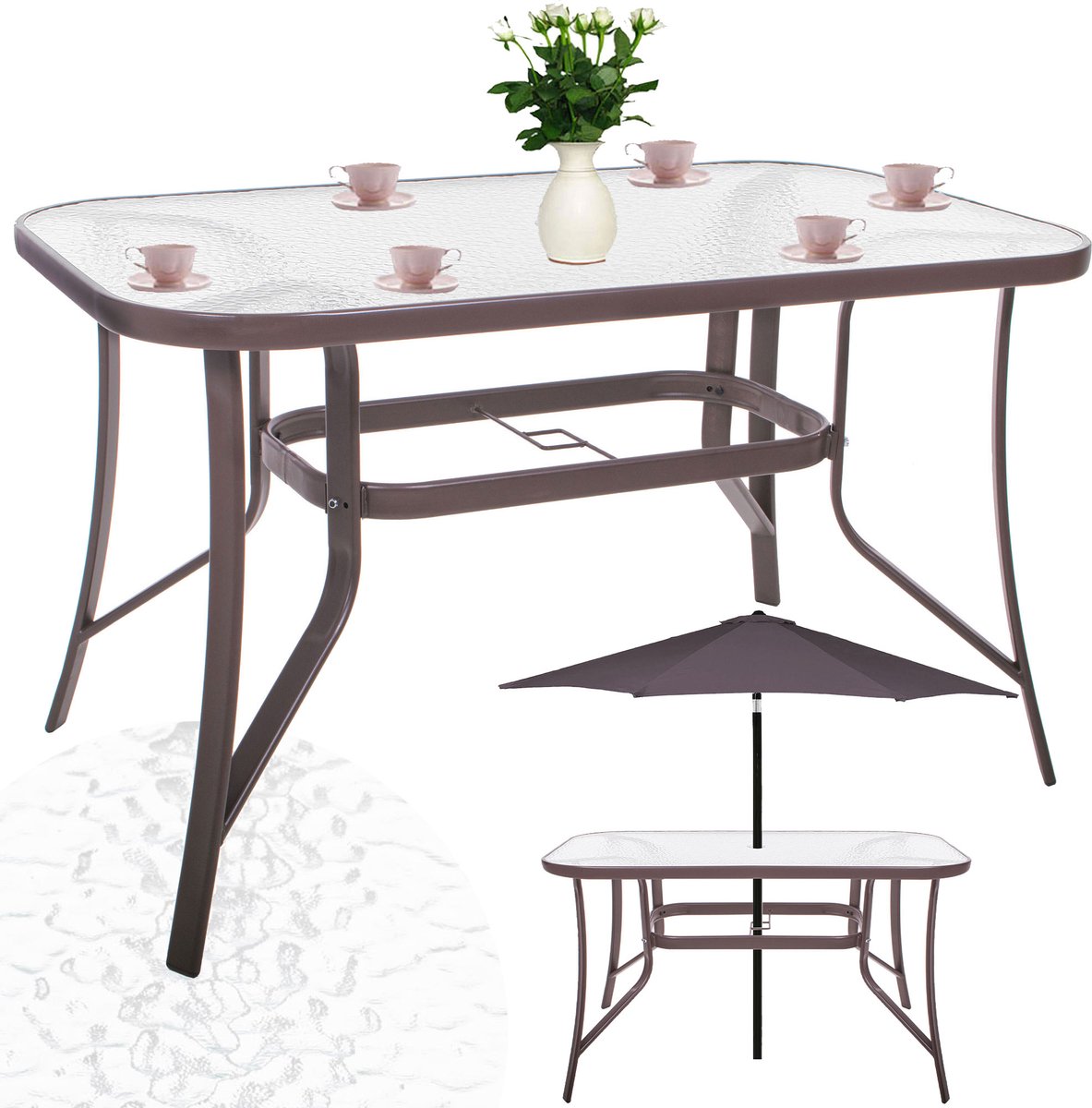 Springos Tuintafel | 120 x 70 x 70 cm | Buitentafel | Eettafel Buiten | Metaal | Gehard Glas | 100 KG | Bruin thumbnail 2