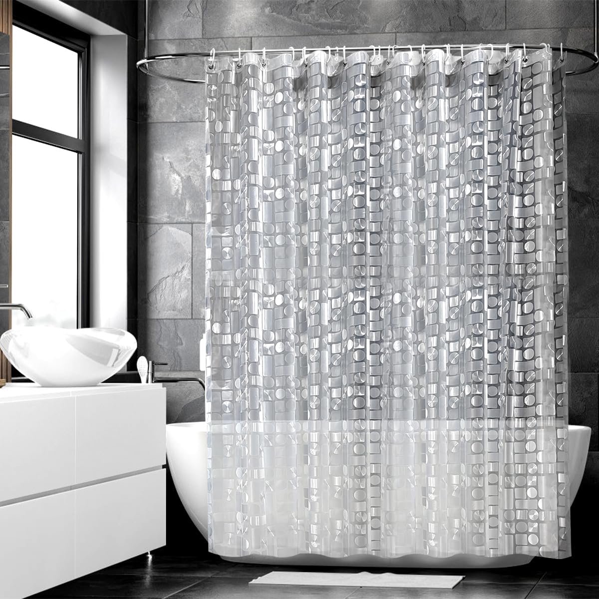 Douchegordijn, waterdicht, plastic, transparant, antischimmel, 180 x 200 cm met geometrisch 3D-patroon, EVA-douchegordijn, plastic, schimmelwerend, badgordijn met 12 haken, voor badkamers