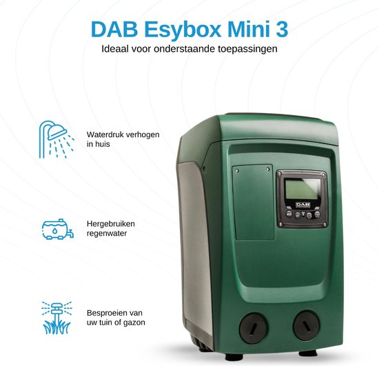 DAB Esybox Mini 3 waterdrukverhoger in donkergroen, ideaal voor huiswaterdruk, regenwaterhergebruik en gazonberegening.