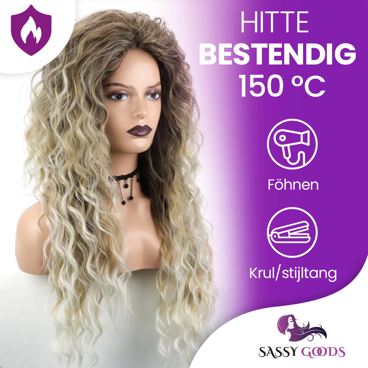 SassyGoods Luxe Blonde Pruik Blond Krullen - Pruiken Dames Lang Haar - Haarwerk - Wasbaar - 65 cm — afbeelding 2