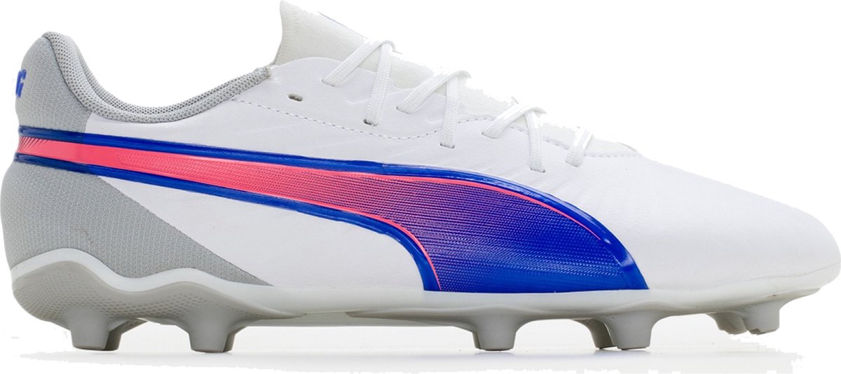Witte Puma King Match FG/AG Jr voetbalschoenen met synthetisch bovenwerk en kleurrijke zijkant, maat EU 38.