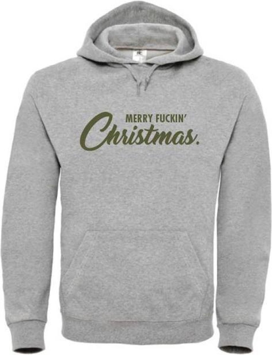 Foute kersttrui hoodie grijs S - Merry fuckin' Christmas - Olijfgroen - soBAD. | Kersttrui soBAD. | kerstsweaters volwassenen | kerst hoodie volwassenen | Kerst outfit | Foute kerst truien