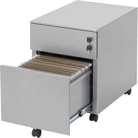 Caisson de bureau en aluminium avec un tiroir ouvert, rempli de classeurs. Avec roulettes et clés.