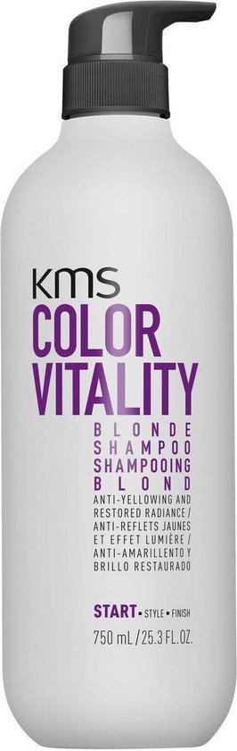 Witte fles KMS Color Vitality Blonde Shampoo met donkergrijze pomp.