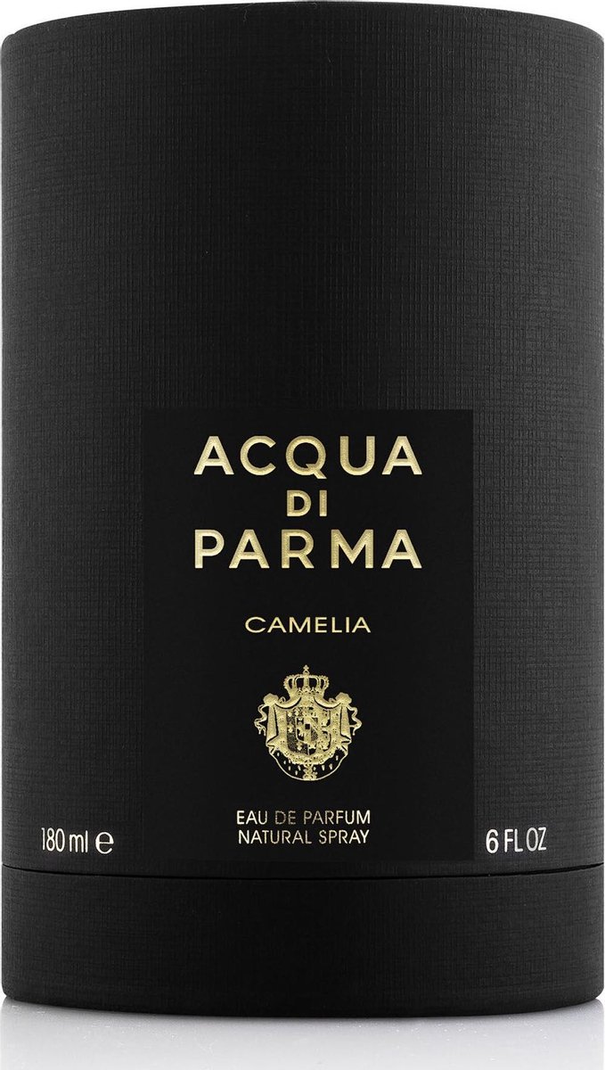 Acqua di Parma Cammelia parfumfles, helder glas, zwart etiket met gouden logo.