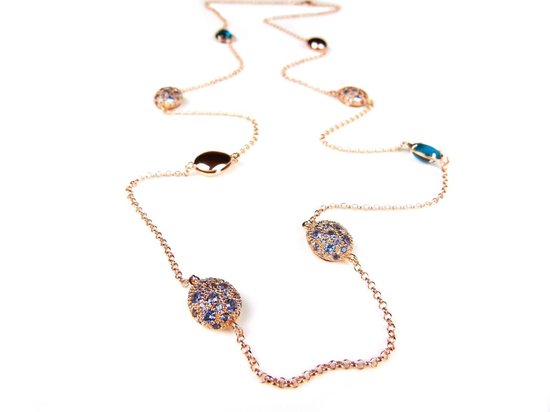 Zilveren halsketting collier halssnoer roos goud verguld Model Bubbels Pave gezet met blauwe stenen
