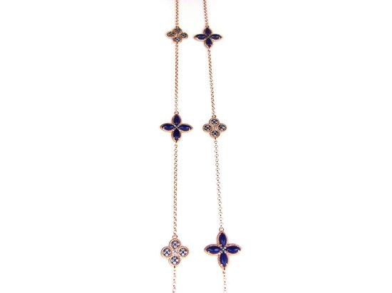 Lange zilveren collier halssnoer roos goud verguld Model Refined Repitition gezet met blauwe stenen