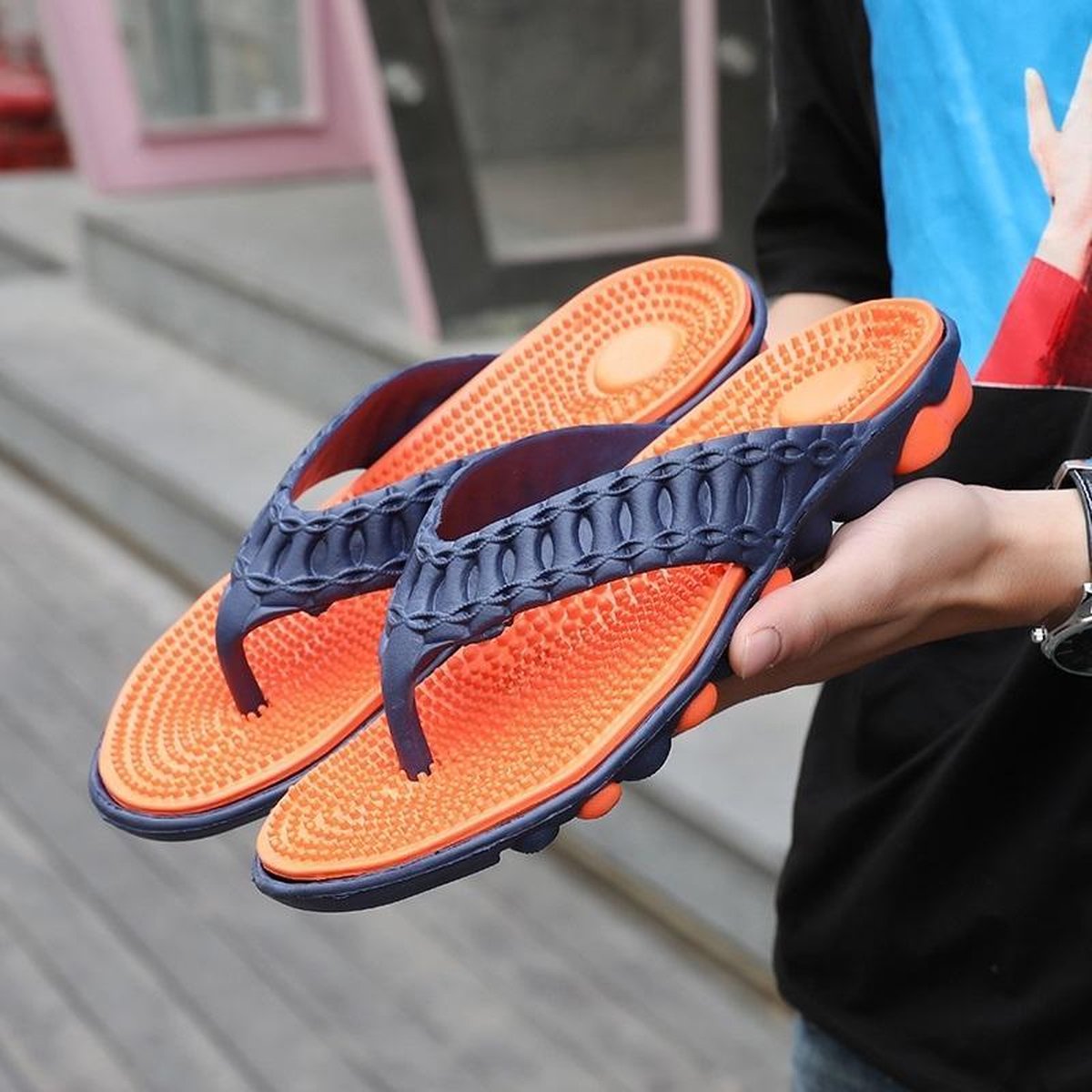 Zachte en comfortabele massagebodem-teenslippers voor heren (kleur: blauw oranje maat: 40)