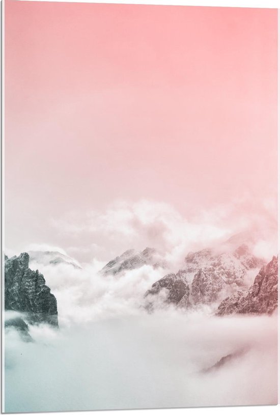 Acrylglas - Wolken in de Bergen met Roze Lucht - 60x90cm Foto op Acrylglas (Met Ophangsysteem)