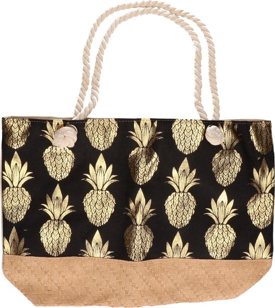 Strandtas ananas print zwart/goud 54 cm - Strandartikelen beach bags/shoppers met ritssluiting - Strandtassen shoppertassen - Rieten tassen