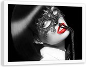 Foto in frame , Vrouw met masker , 120x80cm , zwart wit rood , wanddecoratie