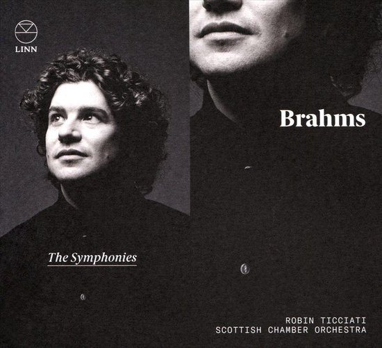 Portret van Robin Ticciati, met de tekst 'Brahms The Symphonies', 'Robin Ticciati', 'Scottish Chamber Orchestra' en 'Linn'.