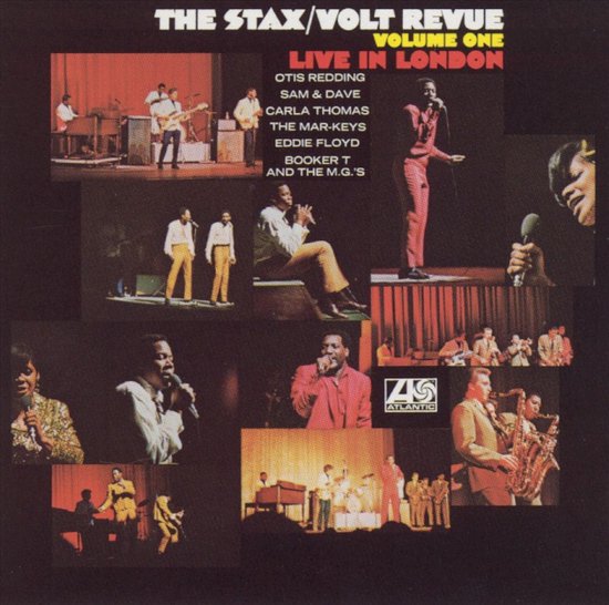Albumhoes met collage van live optredens, tekst: 'The Stax/Volt Revue Volume One Live in London', artiesten en Atlantic logo.