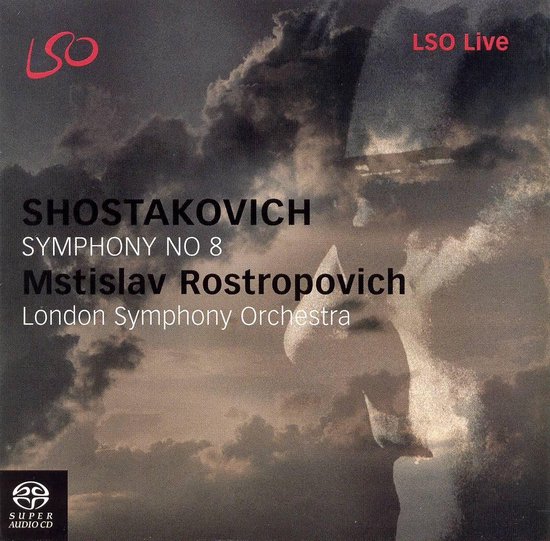 LSO Live cd-hoes met Shostakovich Symfonie Nr. 8, Mstislav Rostropovich, London Symphony Orchestra, en een afbeelding van een wolkachtig landschap met een half transparante figuur.