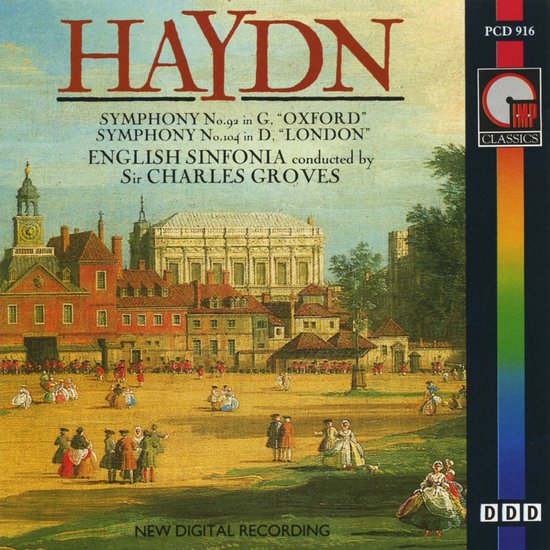 Albumcover met Haydn's symfonieën 'Oxford' en 'London', met Engelse Sinfonia o.l.v. Sir Charles Groves. Afbeelding van een 18e-eeuws plein.