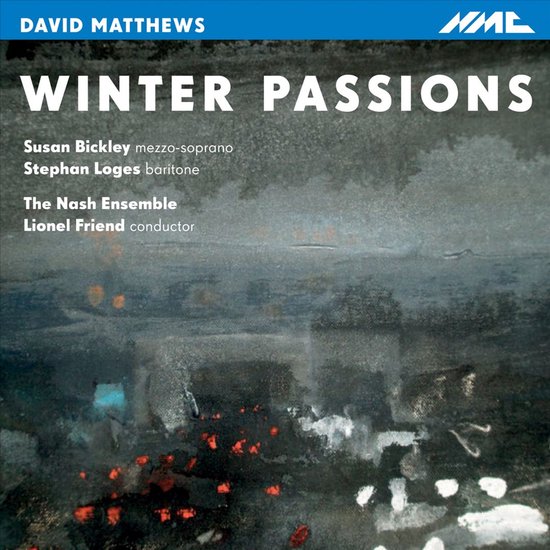 Albumhoes "Winter Passions" van David Matthews met namen van artiesten en orkest, abstracte donkere achtergrond met rode en blauwe accenten.