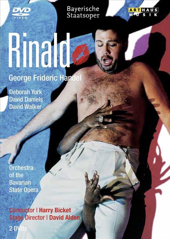 Rinaldo DVD cover, opera zanger met handen op zijn buik, zingt met open mond. Tekst: Rinaldo, George Frideric Handel, Bayerische Staatsoper.