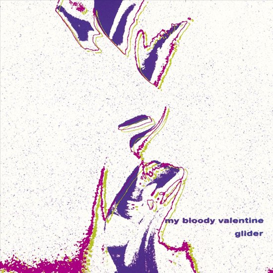 Albumhoes "Glider" van My Bloody Valentine met paarse en groene lijnen die een gezicht vormen.