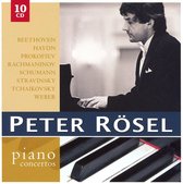 Pianoconcerten door Peter Rösel, 10 CD's. Een man speelt piano.