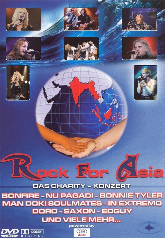 Rock For Asia DVD-hoes met collage van rockartiesten, een wereldbol en handen die elkaar vasthouden.