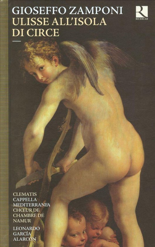 Barok schilderij van een gevleugelde jongen met een zwaard en kinderen, getiteld 'Ulisse all'Isola di Circe'.