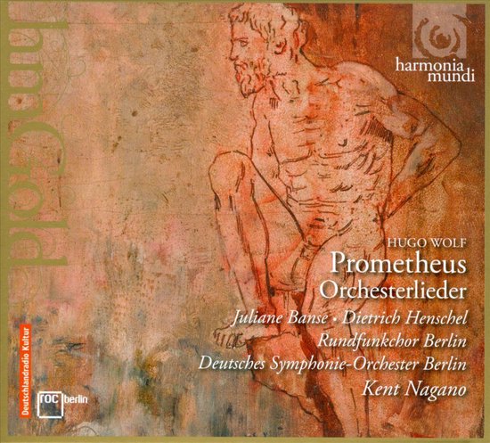 Albumcover van Hugo Wolfs Prometheus Orchestral Songs, met een schets van Prometheus en details van de opname.