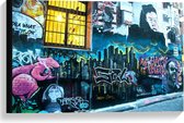 Canvas  - Graffiti muur Blauw/Geel  - 60x40cm Foto op Canvas Schilderij (Wanddecoratie op Canvas)