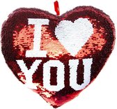 Hartjes kussen I Love You rood metallic met pailletten 35 cm - sierkussens - valentijn decoratie / versiering