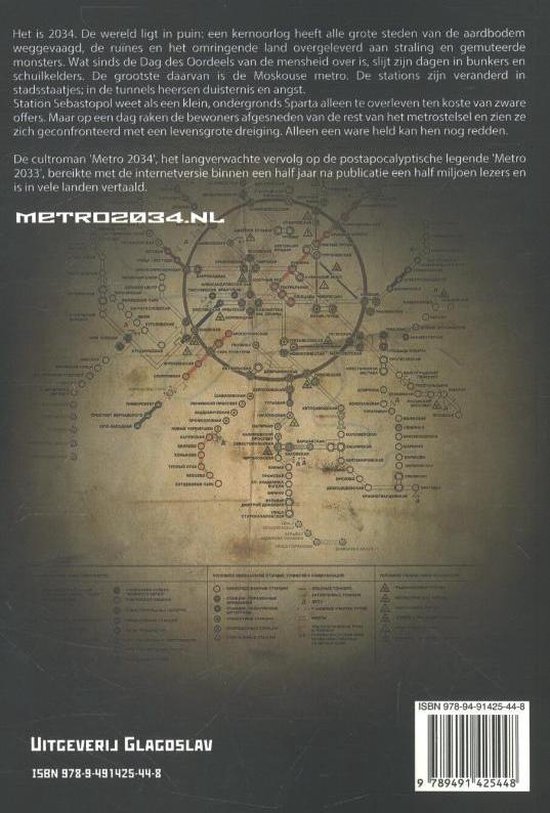 Achterkant van het boek Metro 2034 met tekst en een gedetailleerde kaart van de metro.