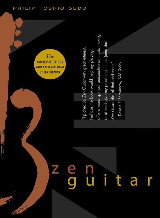 Boekomslag van 'Zen Guitar' met een bruine abstracte gitaarvorm en de titel in grote letters. Bevat tekst over de 20e jubileumeditie.