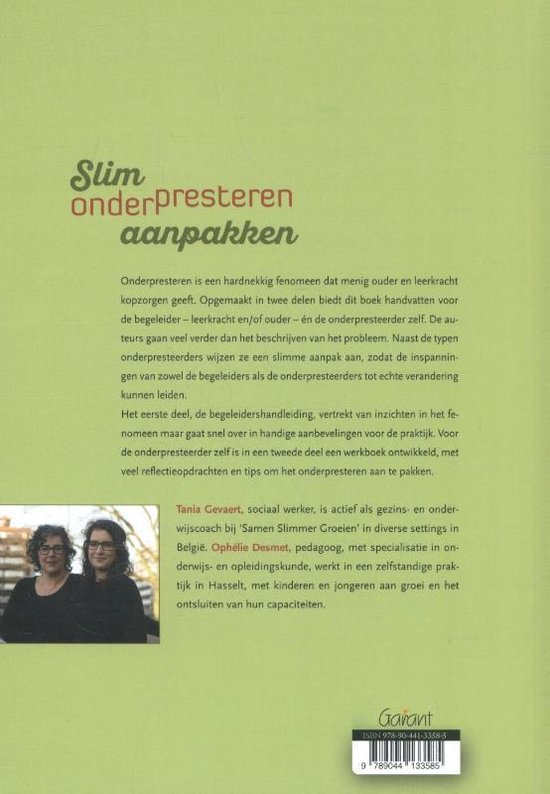 Achterkant van het boek met de titel 'Slim onderpresteren aanpakken', auteursinfo, ISBN en een foto van twee vrouwen.