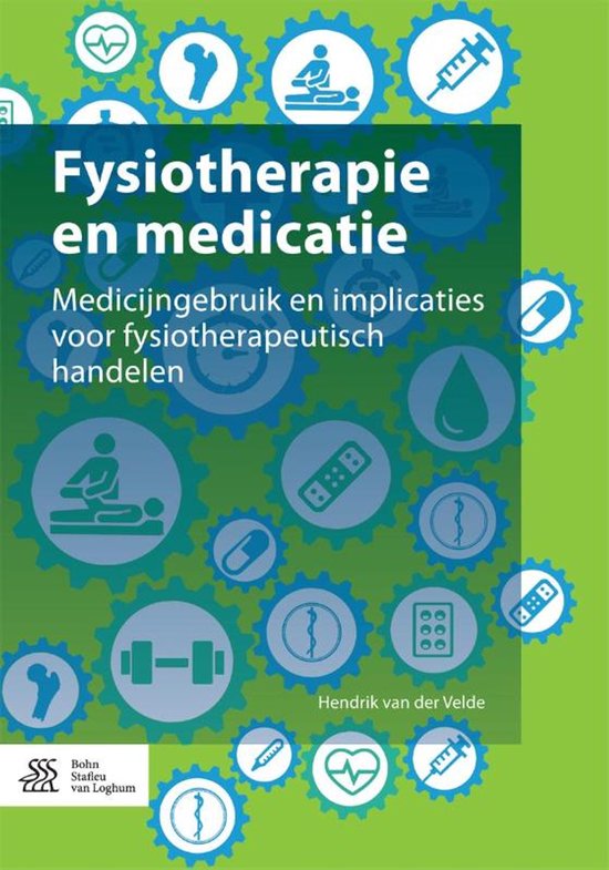 Boek 'Fysiotherapie en medicatie' met diverse medische iconen op een groene achtergrond met tandwielen.