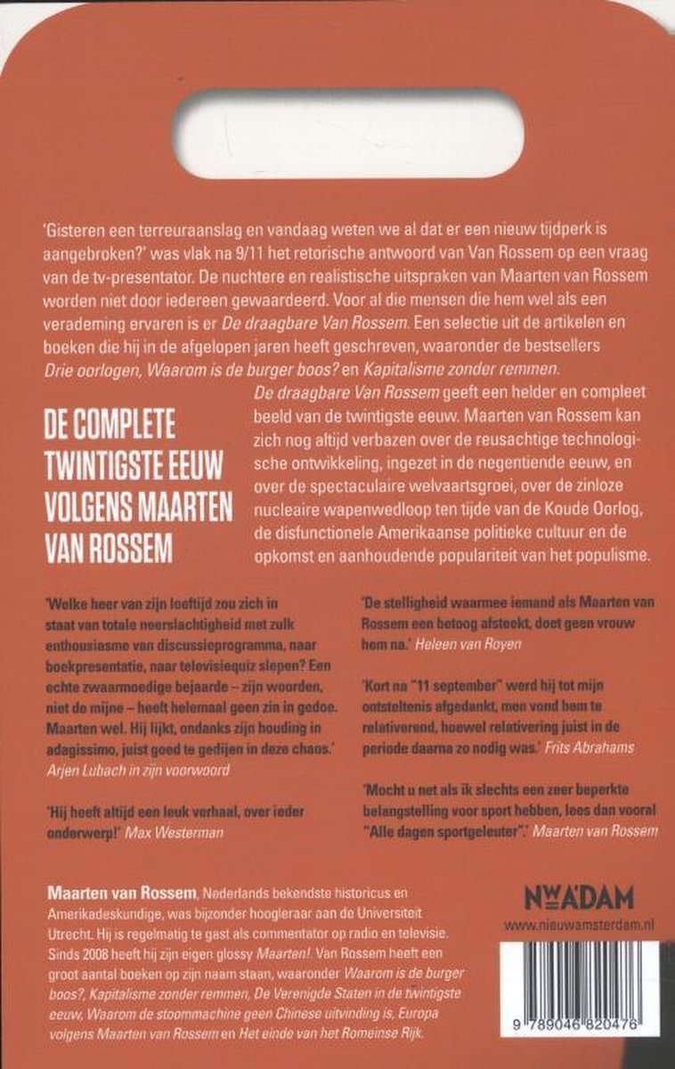 Achterkant van een boek met tekst en een portret van Maarten van Rossem. De titel "DE COMPLETE TWINTIGSTE EEUW VOLGENS MAARTEN VAN ROSSEM" is duidelijk zichtbaar.