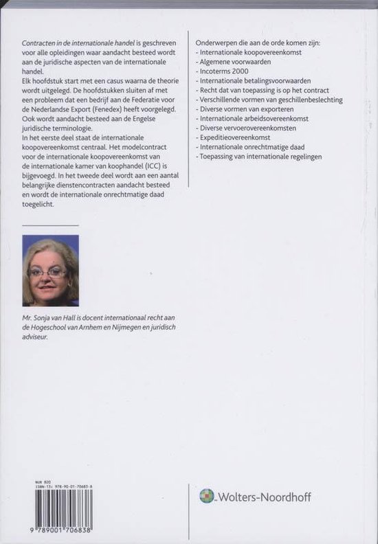 Achterkant van een boek met de titel "Contracten in de internationale handel". Een foto van Sonja van Hall.