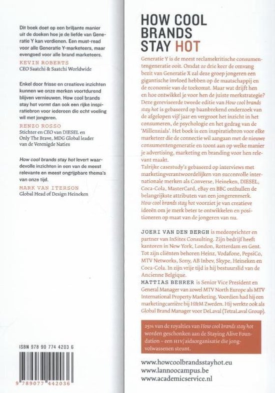 Boek 'How Cool Brands Stay Hot' met tekst en citaten van Kevin Roberts, Renzo Rosso en Mark van Iterson.