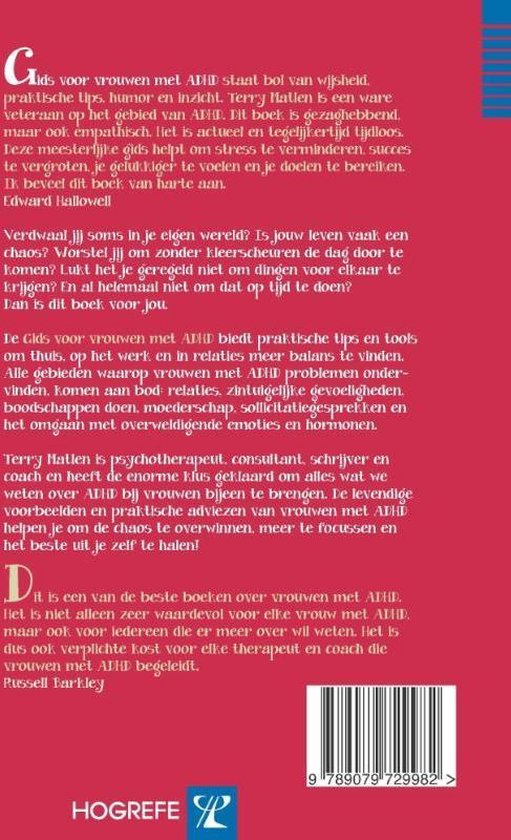 Achterkant van het boek Gids voor vrouwen met ADHD. Met tekst over de inhoud en de auteur.