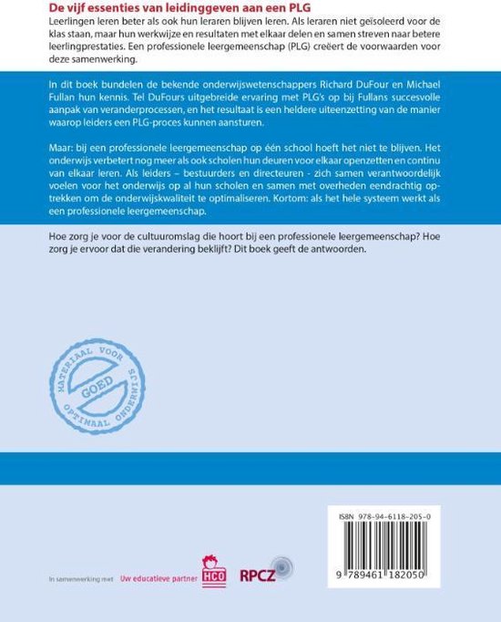 Boekomslag met de titel 'De vijf essenties van leidinggeven aan een PLG'. Rechtsonder een cirkelvormig keurmerk.