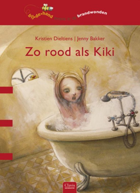 Boek 'Zo rood als Kiki': meisje in bad met bubbels, illustratie met badkuip en douchekraan.