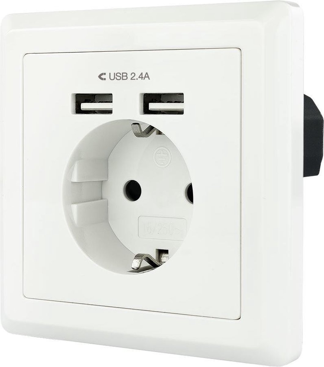 Wall Plug with 2 USB Ports TooQ Base de enchufe de pared tipo schuko con 2 tomas USB Max. 2.4A, blanca 5V/2.4A