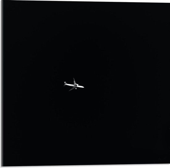 Acrylglas - Wit Vliegtuig op Zwarte Achtergrond - 50x50cm Foto op Acrylglas (Wanddecoratie op Acrylglas)