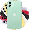 Zes iPhone 11-telefoons in verschillende kleuren, in een cirkelvormige compositie met de lichtgroene telefoon in het midden.