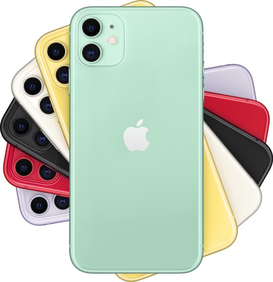 Zes iPhone 11-telefoons in verschillende kleuren, in een cirkelvormige compositie met de lichtgroene telefoon in het midden.