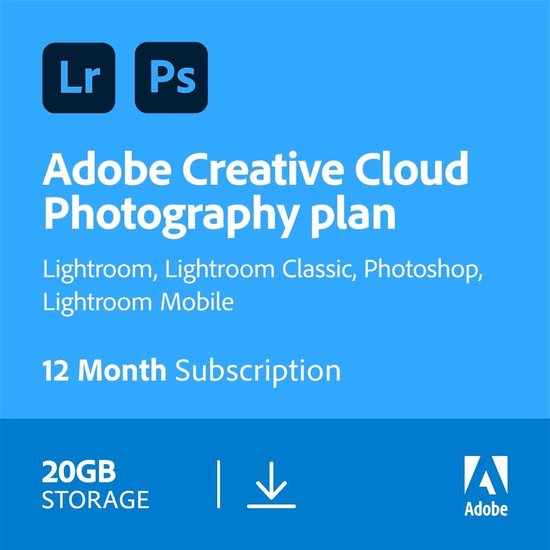 Adobe Creative Cloud Photography Plan - 1 Apparaat - 1 Jaar - 20GB Cloudopslag - Nederlands / Engels - Windows / Mac Download