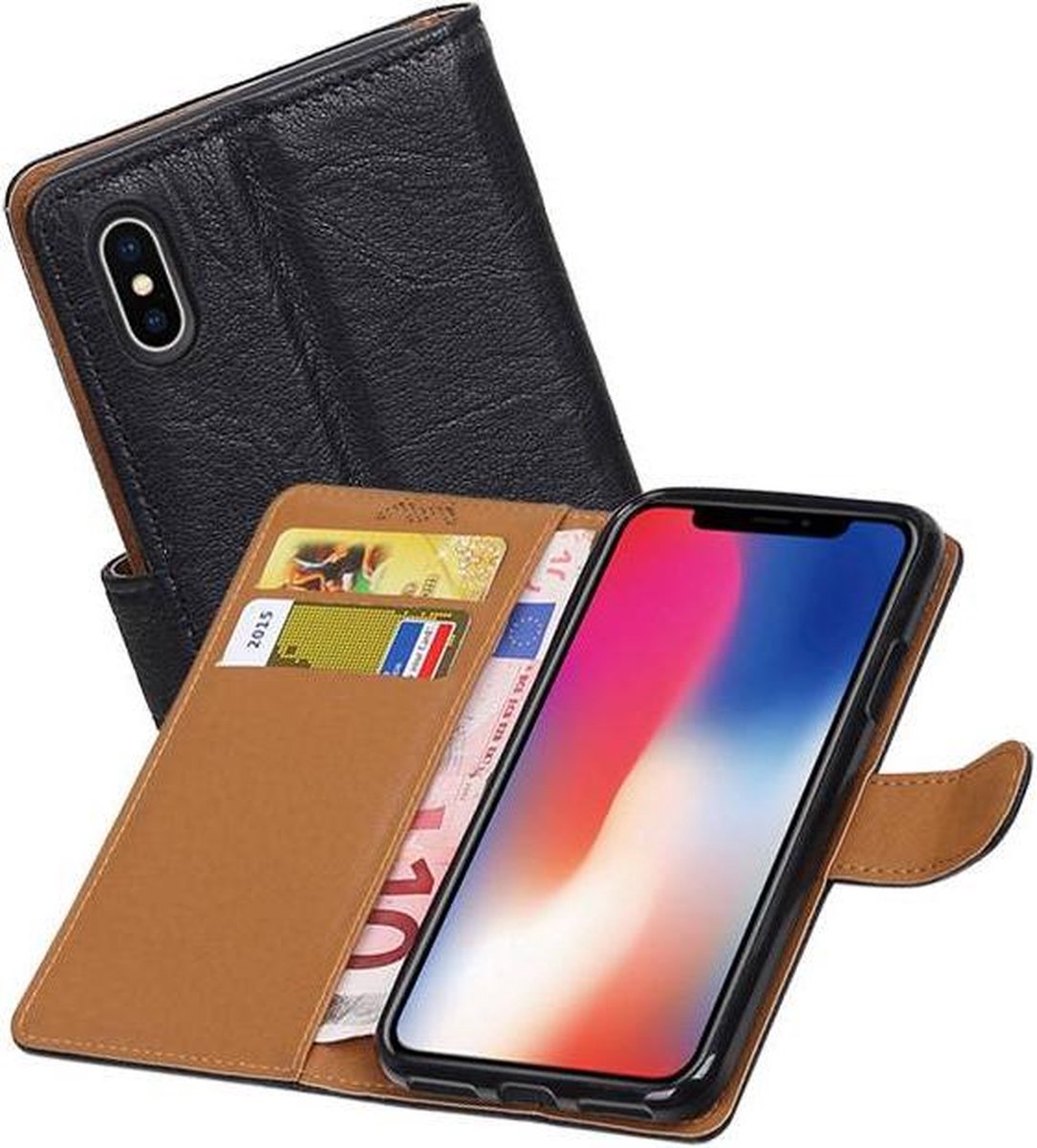 Washed Leer Bookstyle Wallet Case Hoesje - Geschikt voor iPhone X Zwart