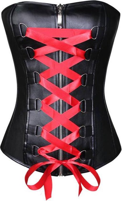 Zwart Leatherlook Corset Met Rode Veter M