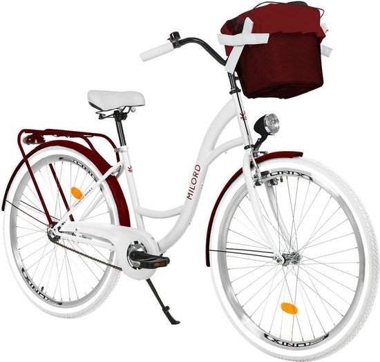 Milord - 28 inch 1 versnelling, wit-rode wijn comfortfiets met mand -  Hollandse fiets | bol.com