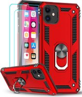 Hoesje Geschikt voor iPhone 12 Mini hoesje - Hardcase - Tough armor ring Rood + 2 stuks screenprotector