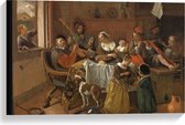 Canvas  - Oude Meesters - Het vrolijke huisgezin, Jan Havicksz. Steen, 1668 - 60x40cm Foto op Canvas Schilderij (Wanddecoratie op Canvas)