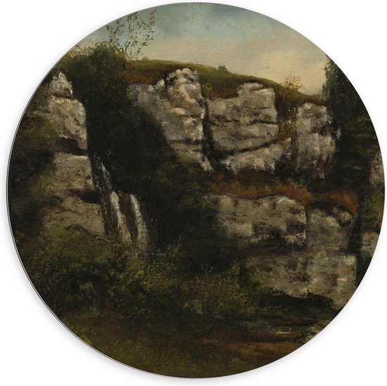 Dibond Wandcirkel - Oude meesters - Landschap met rotsen en waterval, Gustave Courbet - 100x100cm Foto op Aluminium Wandcirkel (met ophangsysteem)